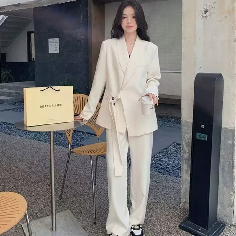设计感绑带西装外套阔腿裤两件套女春秋新款宽松休闲套装潮通勤风