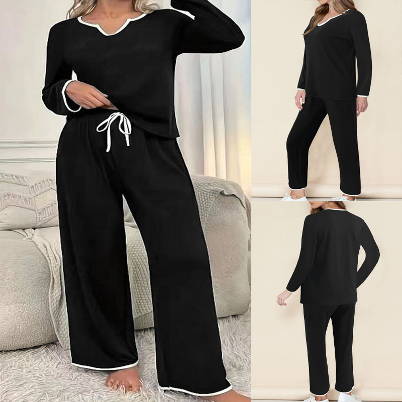 Amazon Cross-border European and American Autumn and Winter New Solid Color V-neck Loose Comfortable Casual Home Drawstring Trousers suit Women Amazon Cross-border European and American Autumn and Winter New Solid Color V-neck Loose Comfortable Casual Home Drawstring Trousers suit Women