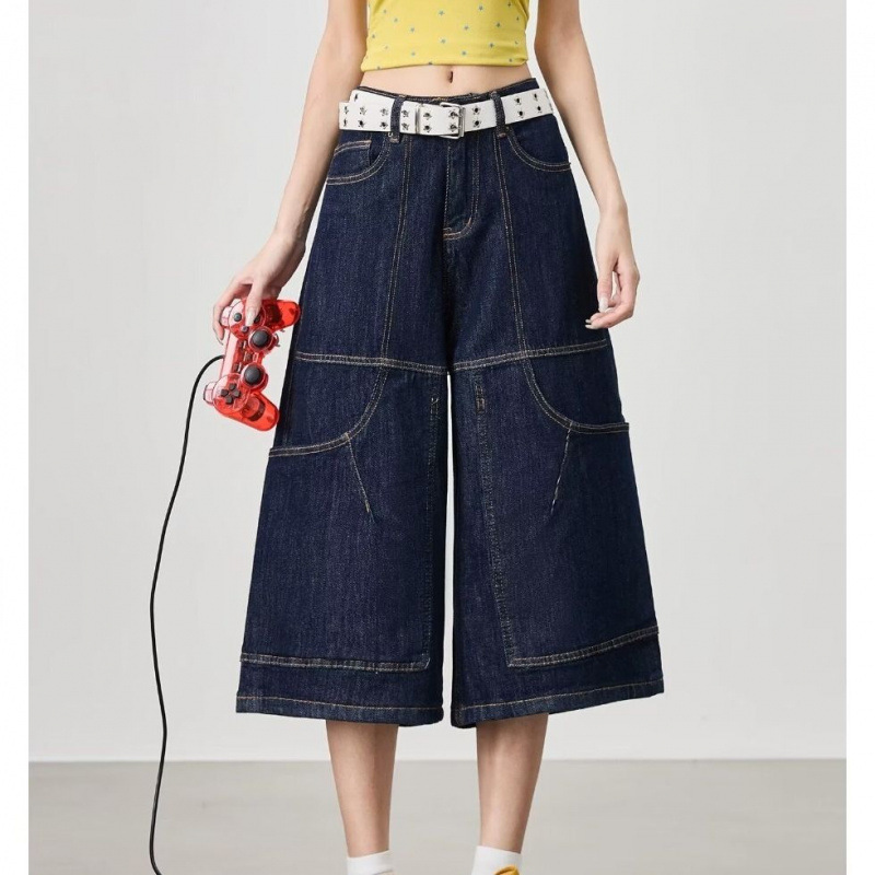 Summer American Retro Jeans for Women, Casual Trendy Brand, Whiskered Washed Vintage Loose Wide-Leg Cropped Pants with Side Pockets