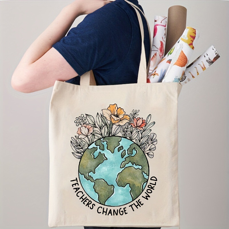 Teacher Change the World Pattern Shopping Bag, Casual Canvas Shoulder Bag Handbag, Reusable Teacher Change the World Pattern Shopping Bag, Casual Canvas Shoulder Bag Handbag, Reusable
