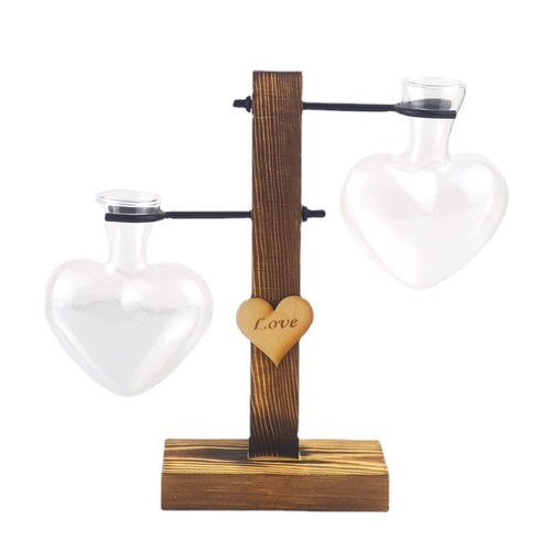 Creative love hydroponic transparent glass vase wooden dry flower flower arrangement container desktop decoration ornaments wooden frame vase