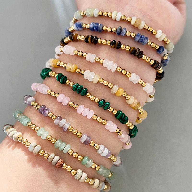 Bohemian Style Natural Stone Flat Beads Stainless Steel Chain Bracelet Original Handmade Stone Beaded Accessories Hand Jewelry for Women