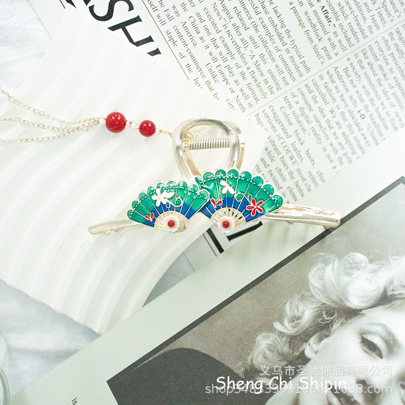 Pure hand-painted fan retro palace National style grab clip tassel pendant head high-grade shark clip hairpin