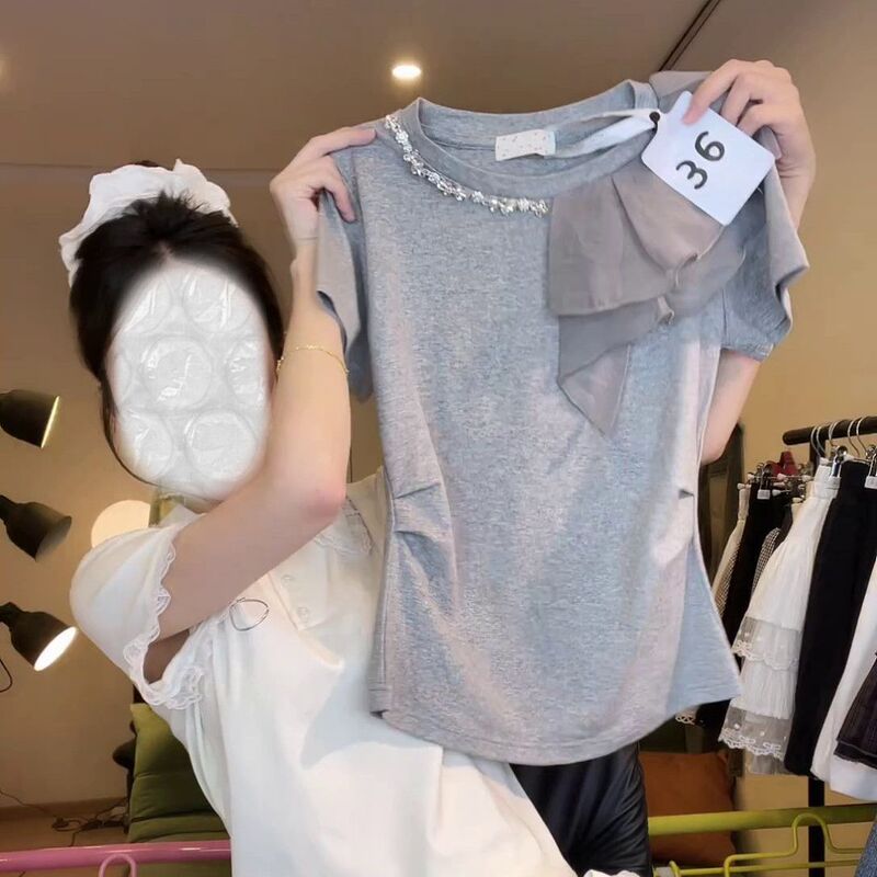 韩系气质百搭短袖T恤女圆领洋气小众设计感时尚夏季新款拼接上衣|undefined