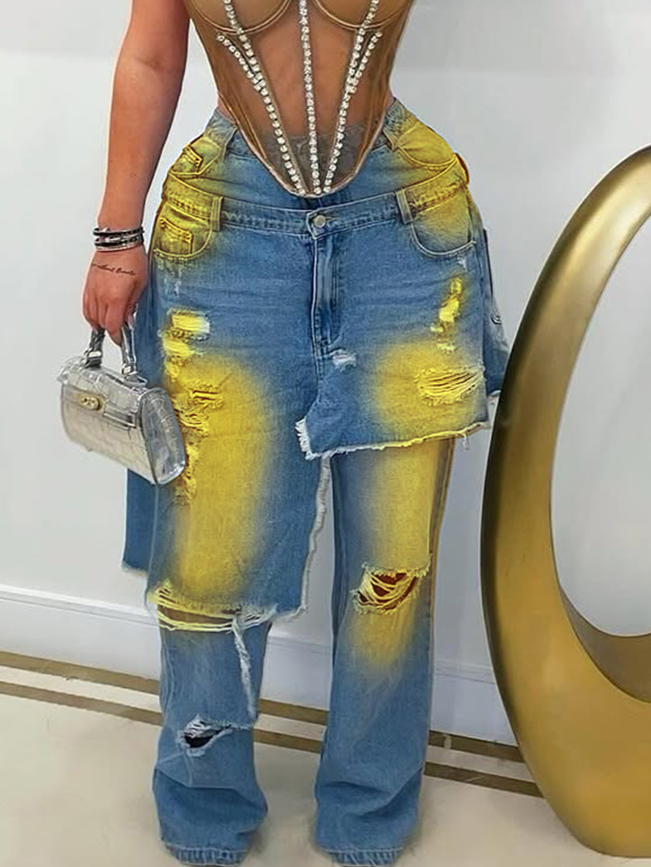 YL2568 Autumn/Winter European And American Women's Fashion Washed Ripped Spray-Dyed Loose Stretch Denim Patchwork_ecoleips.com