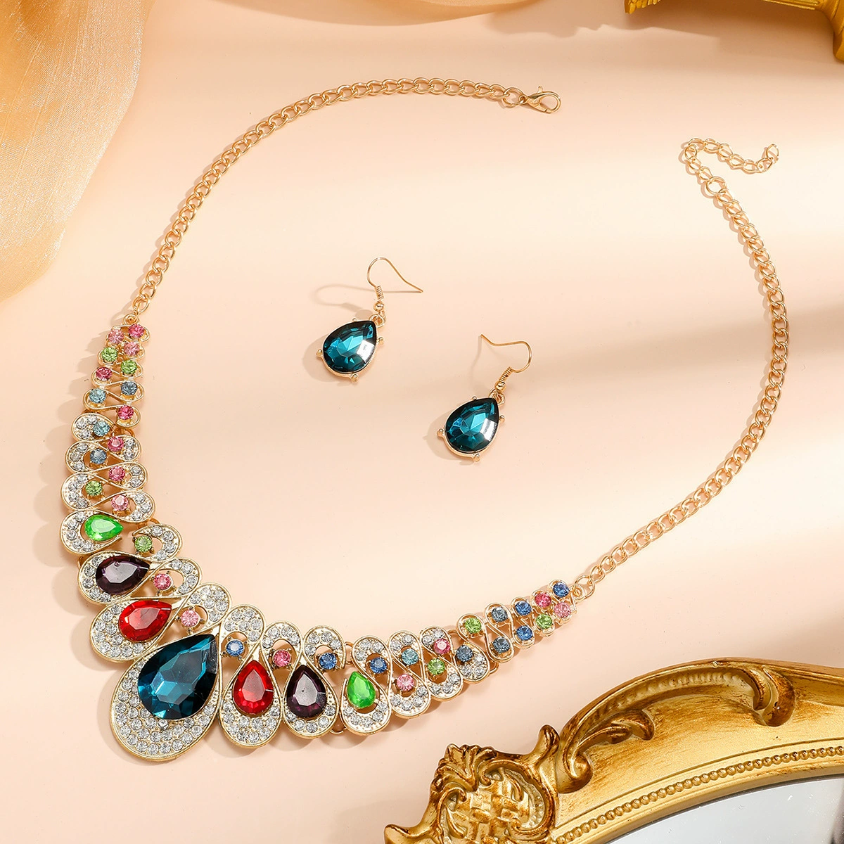 Fashionable metal collar, necklace and earrings, set, European style, with gem