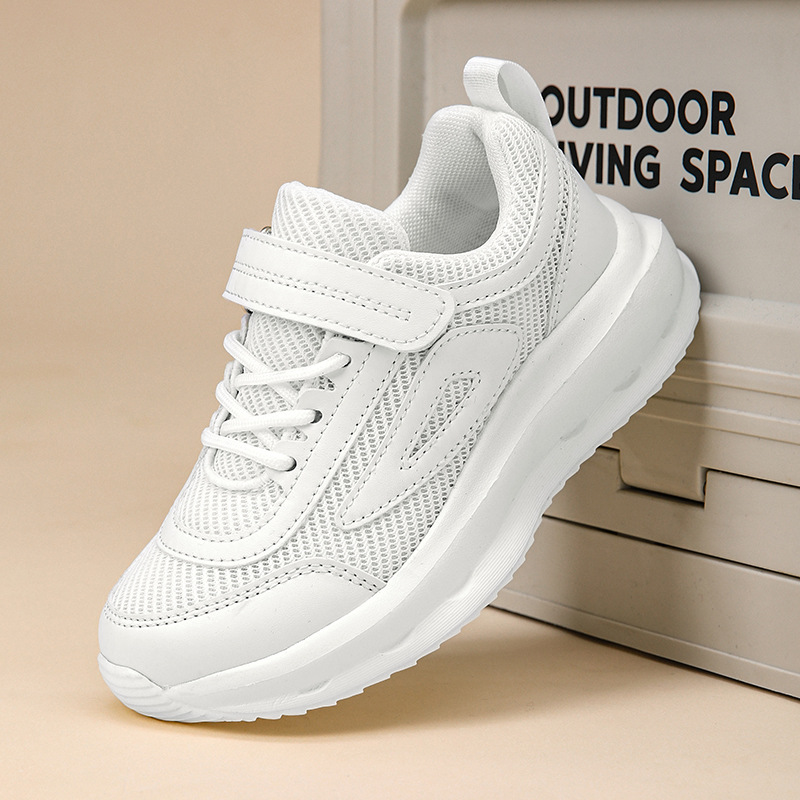 Zapatos blancos para niños, superficie de malla de primavera y otoño, transpirable, niños y niñas grandes, zapatillas deportivas blancas para correr, comercio exterior, venta al por mayor transfronteriza