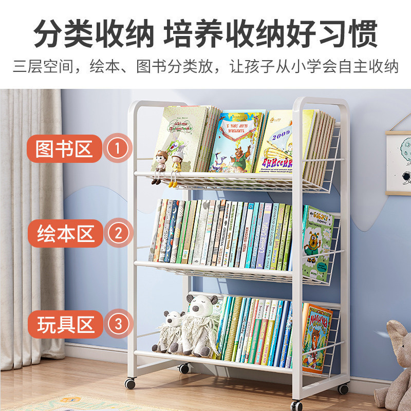 Estante de libros para niños Estante de almacenamiento de hierro forjado contra la pared Estante de almacenamiento de piso Estante de ruedas plegable móvil junto al escritorio