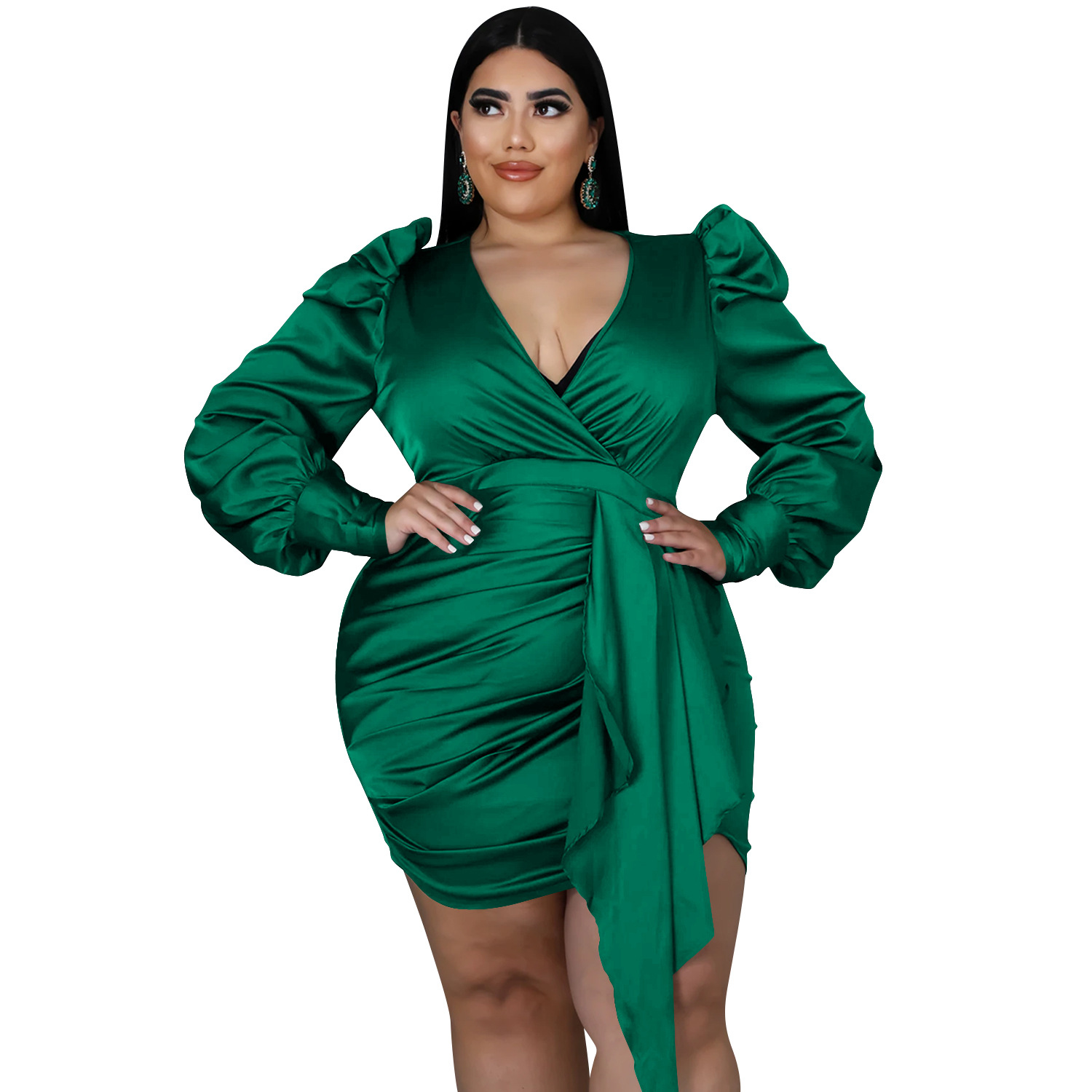 Solid Color Plus Size Deep V Long-Sleeved Pleated Dress NSXYZ110904