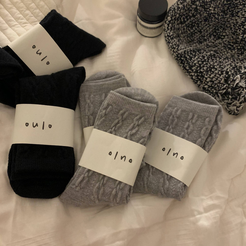 Ins Stockings Pure Color Autumn and Winter Warm Thickeneded One-Size-Fits-All Brown Socks Women's Wool Blended Girls' Mid-Calf Socks