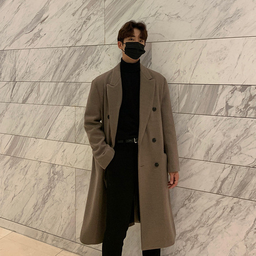Men's winter windproof thick long coat, Korean style casual fashion cashmere outerwear