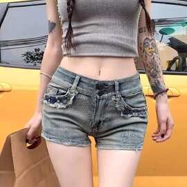 美式辣妹柳钉牛仔裤低腰短裤女夏季显瘦紧身包臀热裤性感超短裤子