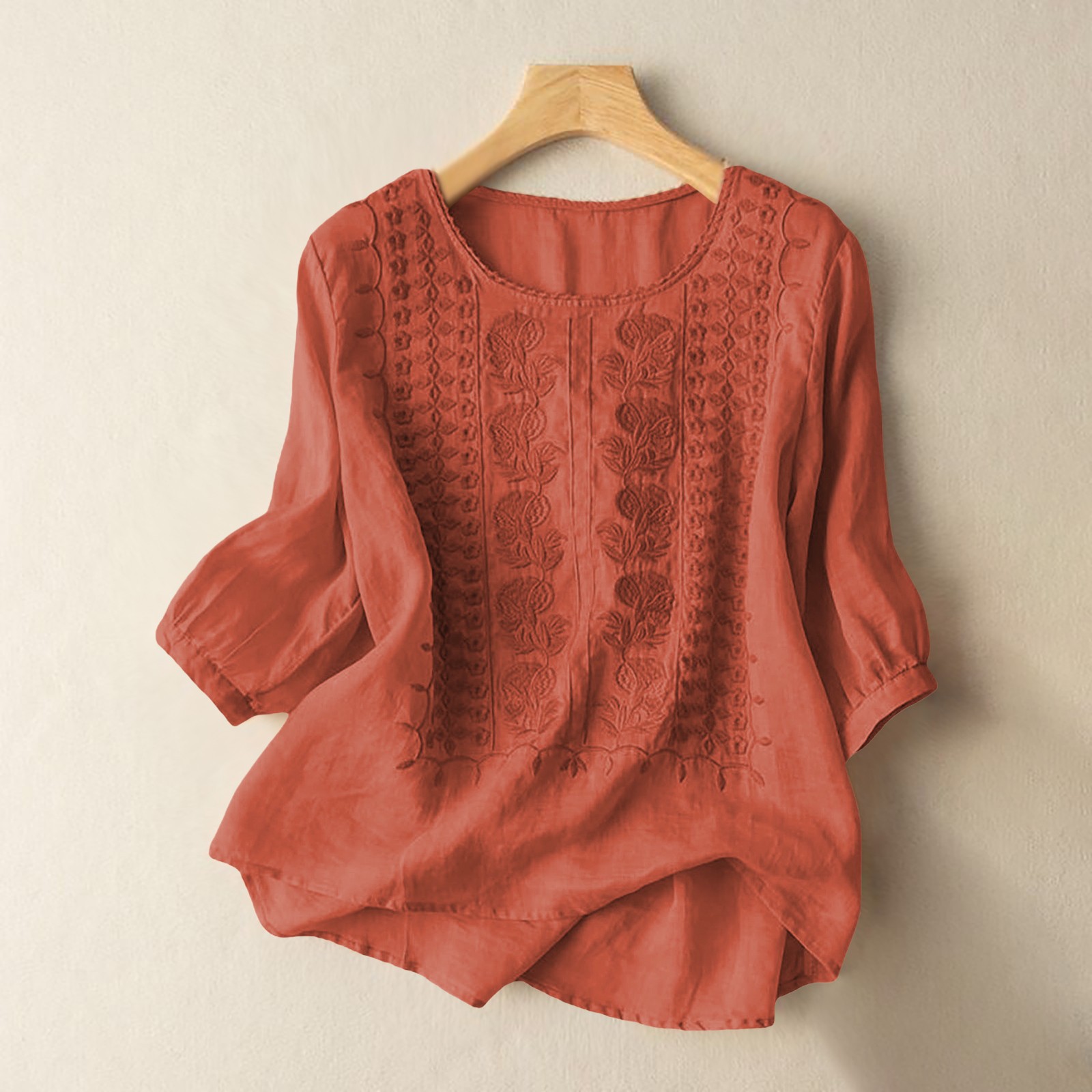 Bestickte Leinenmix Bluse Mit Puffärmeln Lässiges Boho Top_voghion.com