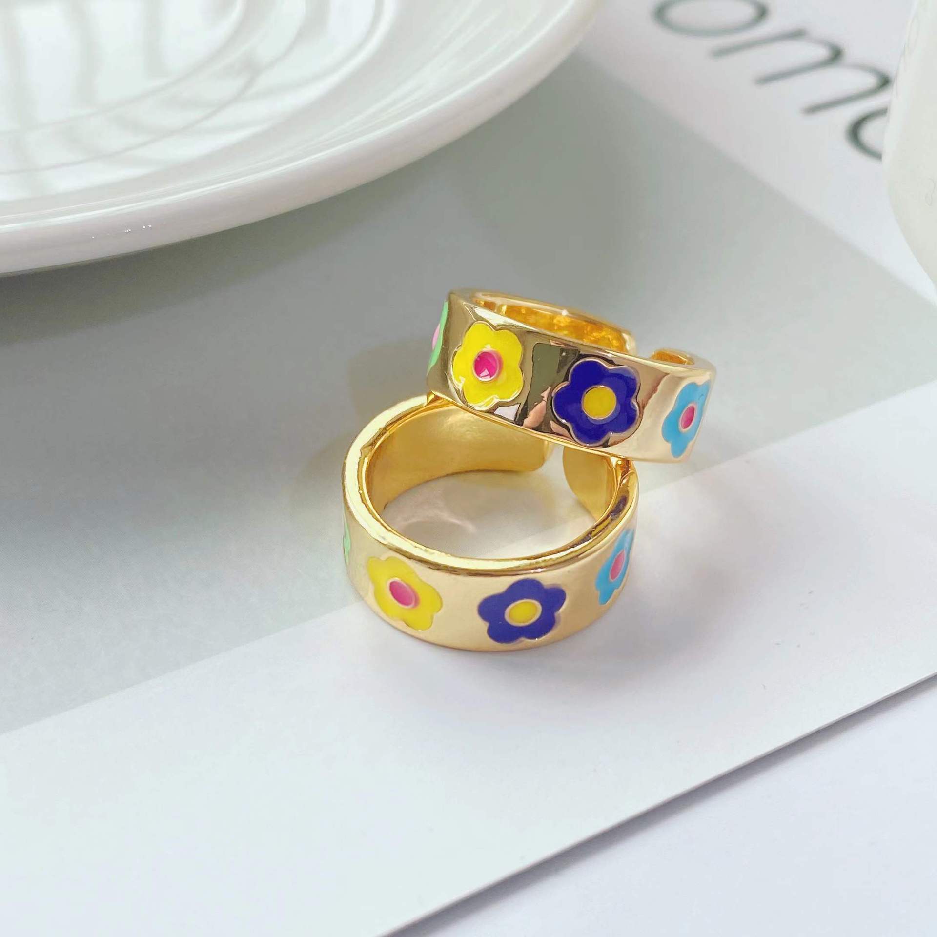 European and American simple flower ring plated 18k gold dripping oil opening adjustable ring