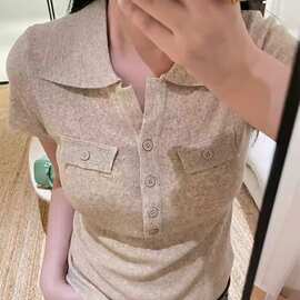 亚麻复古V领修身POLO领衫夏季短袖针织T恤亚麻色源头工厂有吊牌