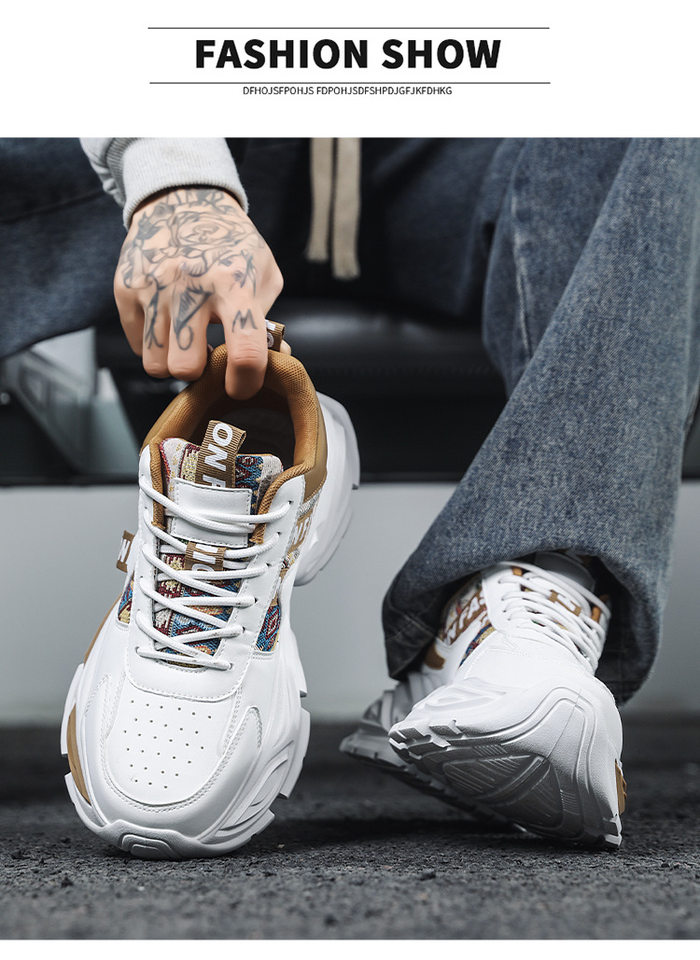 Giày sneaker nam cổ lửng đế dày tăng chiều cao, phối màu, dây buộc, cỡ lớn — Trắng kaki, Trắng xanh, Táo đỏ trắng chi tiết 10