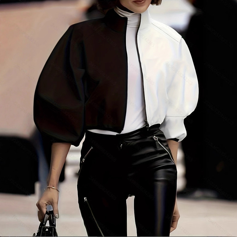 Women's Full-Zip Short Jacket for Summer, Autumn, and Winter, with Puffy Sleeves, Stand-Up Collar, White and Black Colors, Short Style