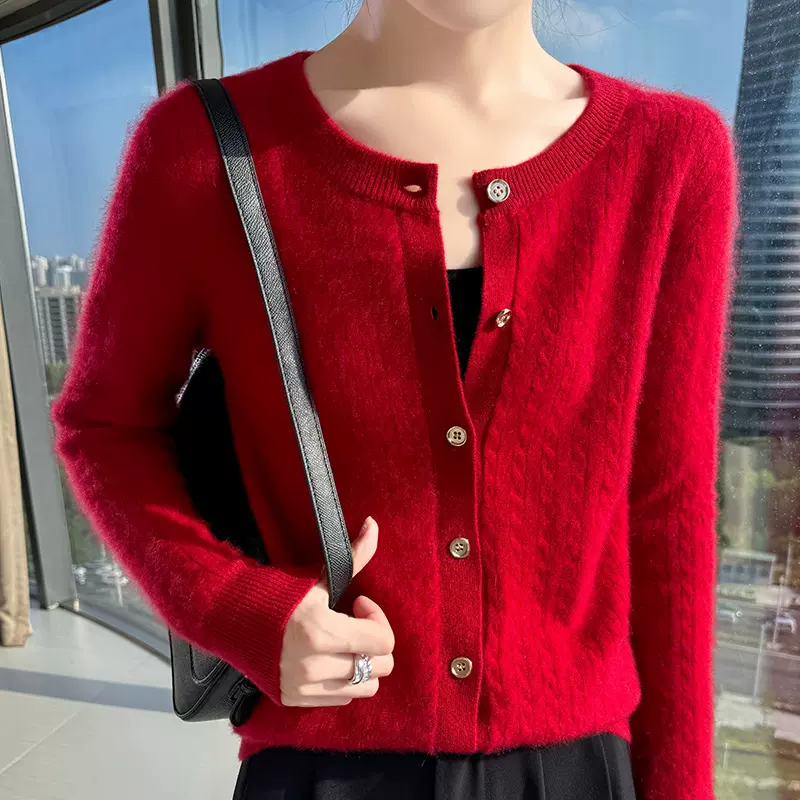 2025复古麻花长袖针织开衫女圆领宽松短款毛衣外套打底外穿内搭