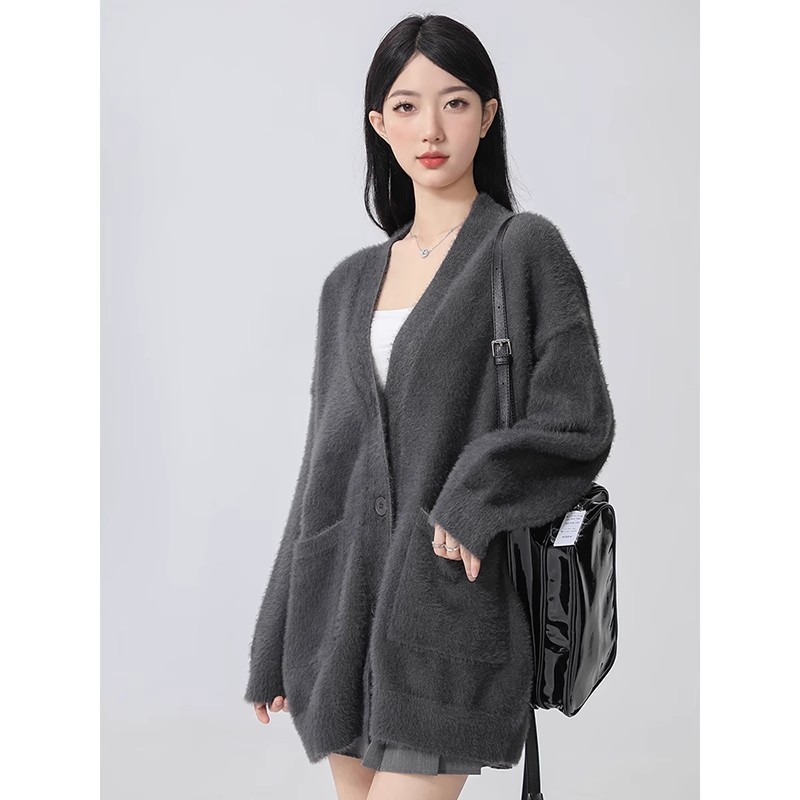 灰色中长款毛衣外套女春秋外搭日系慵懒复古奶系穿搭软糯针织开衫|undefined