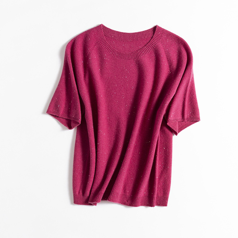 Sequined Yarn Round Neck Seamless One-Piece Australian Merino Wool Short-Sleeved Knitwear Women's t Autum New Colorful Top