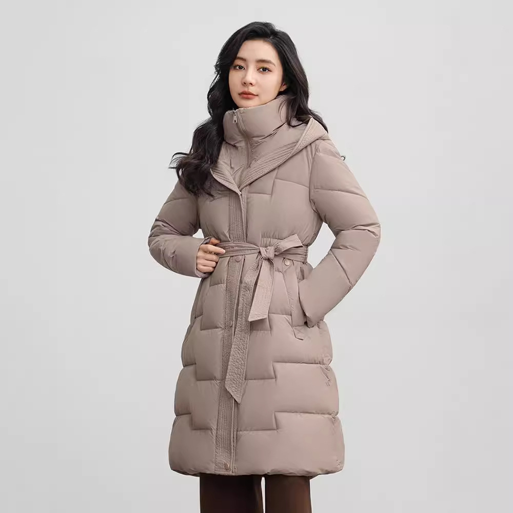 Estación europea con capuchón de algodón de pluma para mujeres 2024 ropa de invierno nuevo tipo de cuerpo más largo de la rodilla abrigo de marea caliente image 1