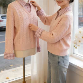 韩系甜美假两件粉色格子拼接麻花毛衣女冬季慵懒宽松套头针织衫潮