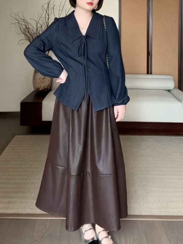 大码女装翻领掐腰长袖牛仔衬衫早秋新款微胖mm设计感时尚显瘦上衣|undefined