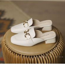 粗跟包头拖鞋女夏外穿2025新款春秋时尚一脚蹬凉拖半拖真皮高跟鞋