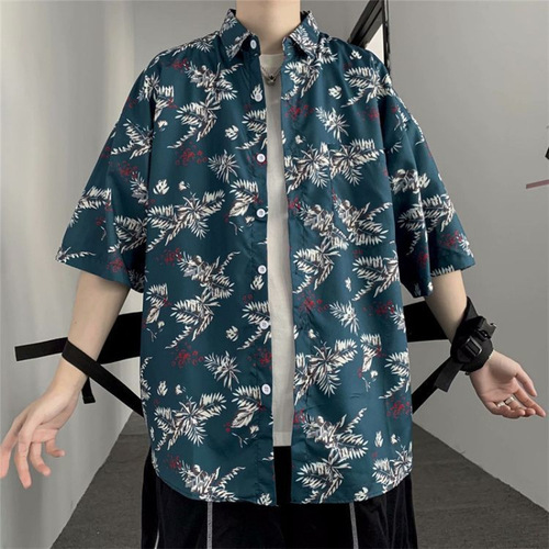 Summer Padded Trend Floral Shirt for Men and Women, Couple's Hawaii Home Loose Style Hooded Short Sleeve Youth Trend Shirt