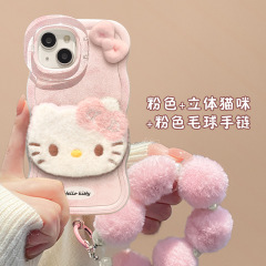 かわいいぬいぐるみKT猫のブレスレット付きiPhoneケース、Apple 15 Pro、14、13、17、6対応、二重スタンド、耐衝撃、シリコン製、個性的