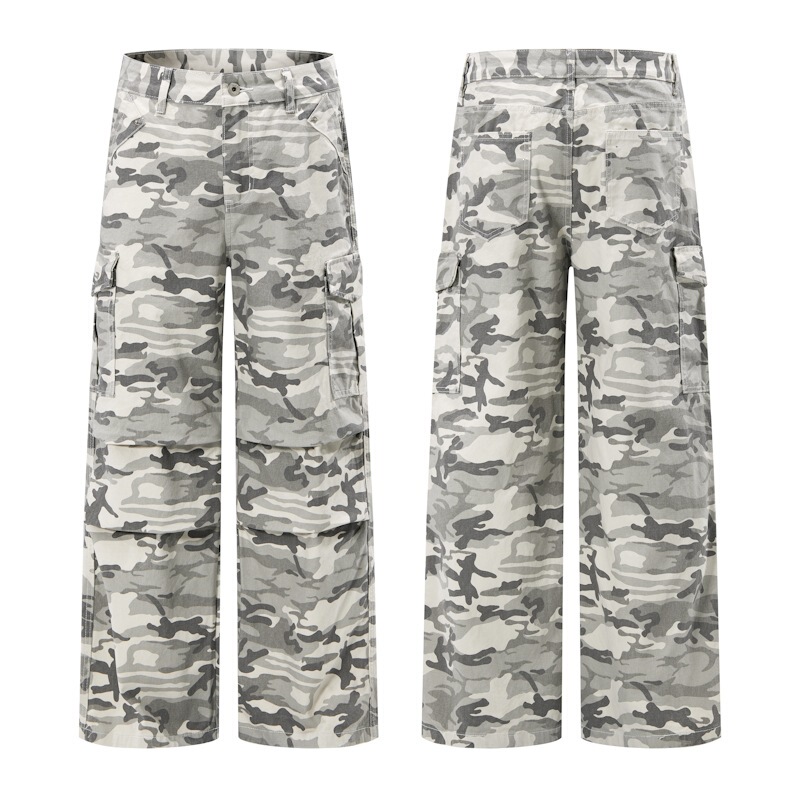 American-Style Vintage Washed Multi-Pocket Camouflage Work Pants Unisex Straight Loose Cleanfit Wide-Leg Casual Pants