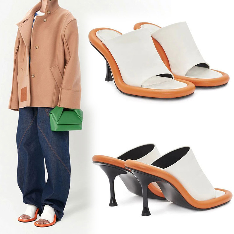 Summer New Style Round Toe Open Toe Color Matching Stiletto Heel Thick Sole Mule Slippers Soft Bottom Large Size Catwalk Ladies Sandals