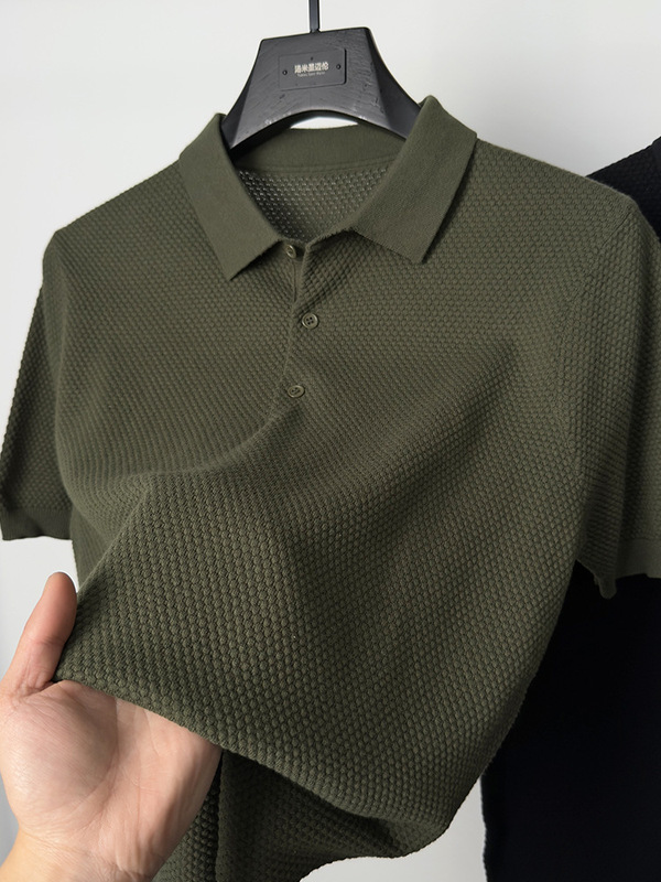 ハイエンドの純綿ニット半袖 Tシャツメンズカモメラペルポロシャツ通気性のある半袖パイナップル柄 Tシャツ夏|undefined