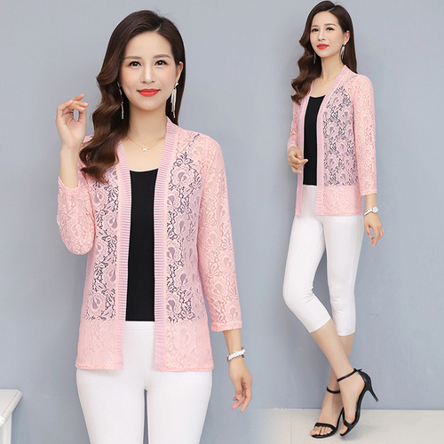 Women's Fashion Spring and Summer Large Size Medium Lace Cardigan Long Sleeve Clothesline Air Conditioning Shirt Thin Top