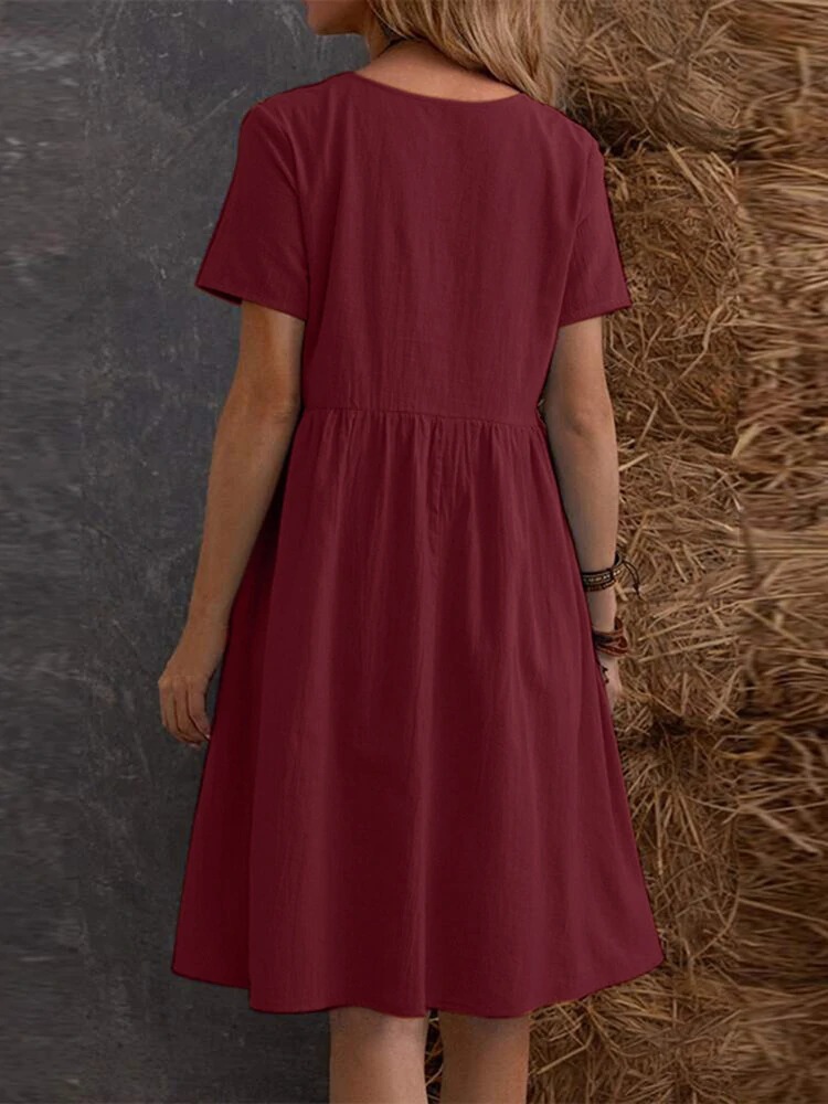 2026 Summer European And American Retro Loose Pocket Solid Color Round Neck Women's Dress_ecoleips.com