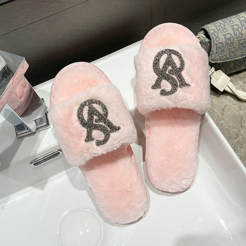  foreign trade new style rhinestone furry slippers for women indoor home bright diamond warm fashion open cotton slippers cross-border