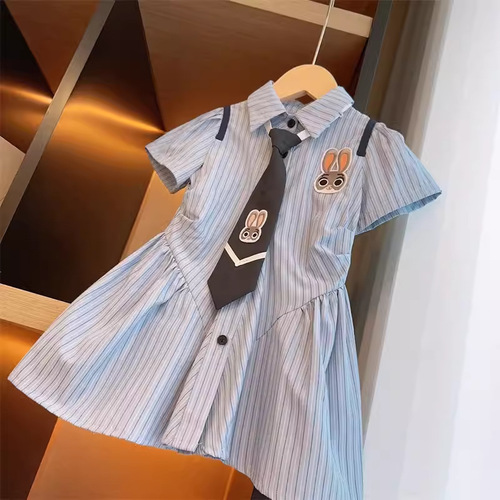 Striped College Style Dress for Girls 2024 Summer New Arrival Children's Baby Personality Cartoon Rabbit Embroidered Skirt