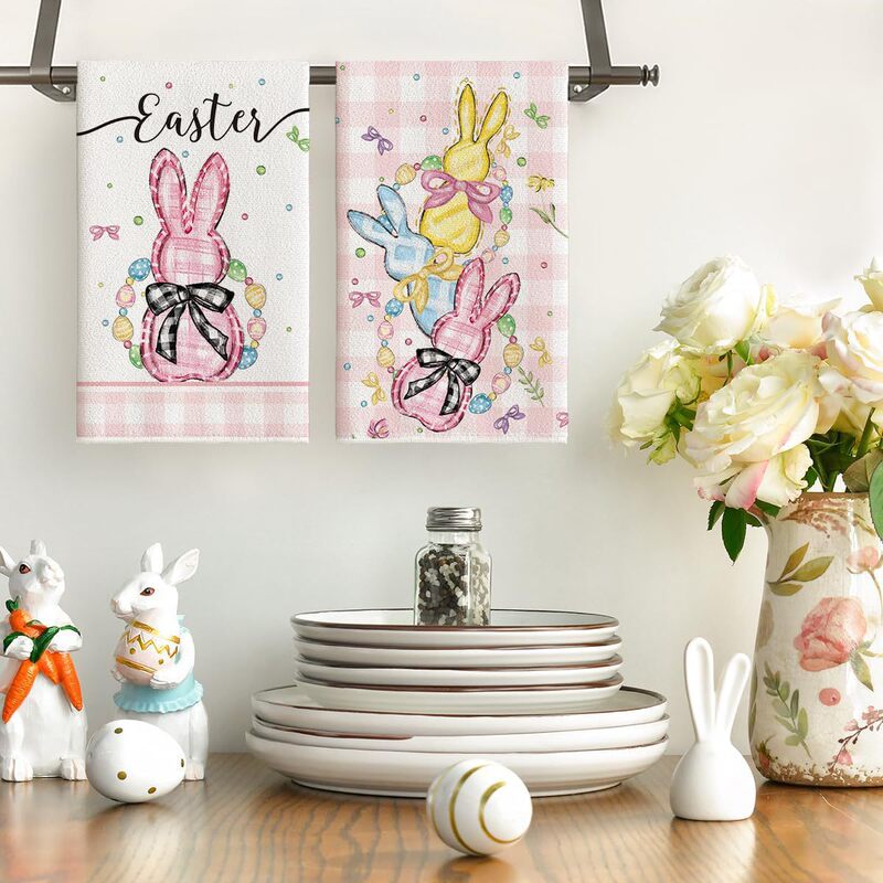 Cross-border Amazon Hot Sale Easter Kitchen Towel Fun Bunny Print Absorbent Holiday Decorative Dishwashing Towel