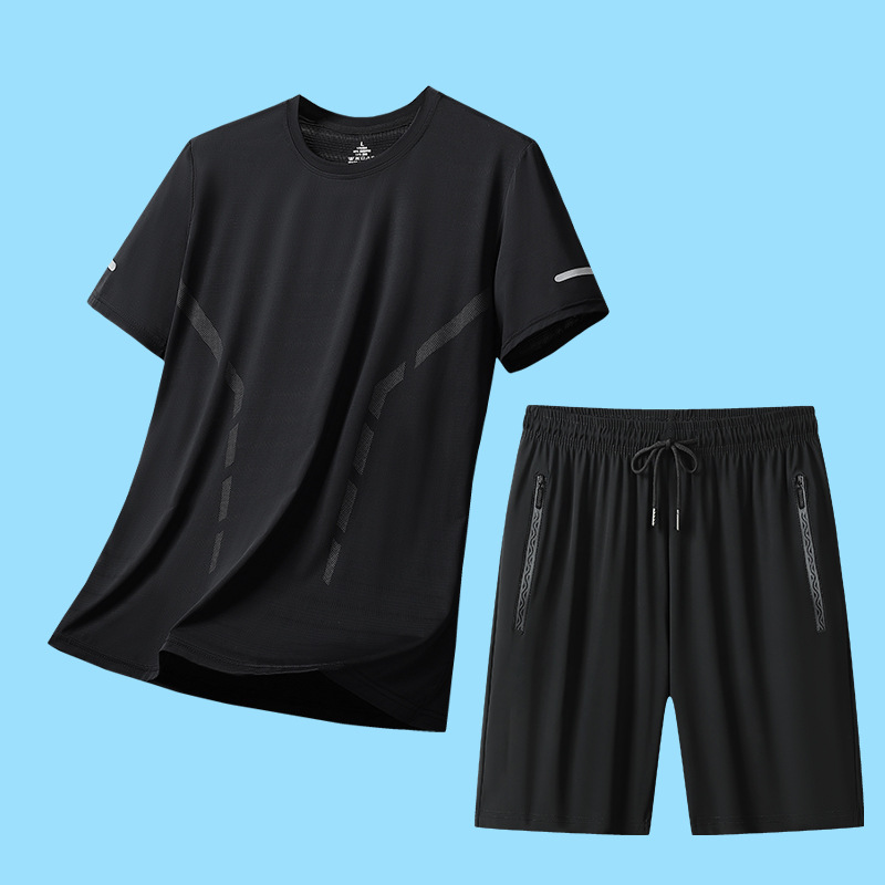 Transfronterizo Hielo rápido secado juego deportivo hombre de verano mangas cortas camiseta cool running pantalones cortos delgados fitness dos piezas set
