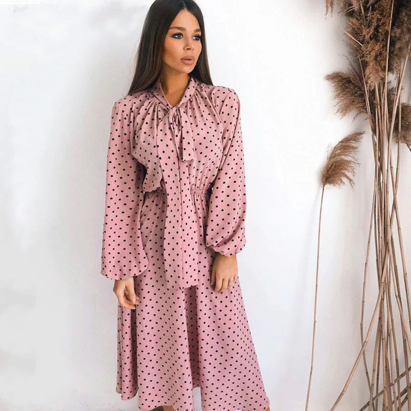 Tie-Up Long-Sleeved Polka Dot Dress NSCX72558