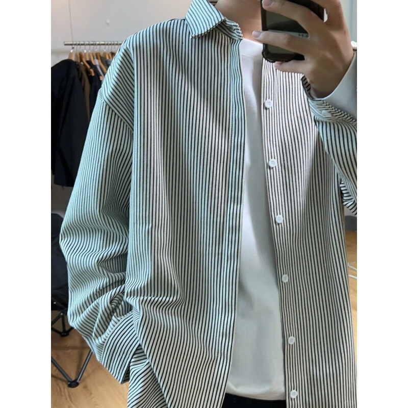 Japanese Style Teenage White and White Vertical Stripe Shirt Men's Spring and Autumn American Casual Long Sleeve Shirt Couple's Shirt Jacket