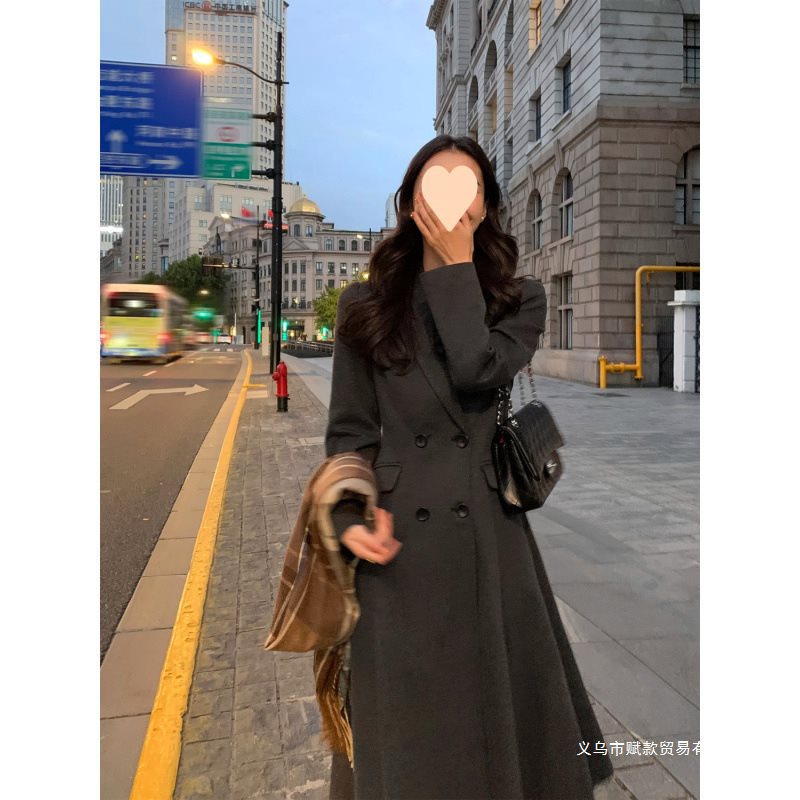 Black Hepburn Style Woolen Coat Women's Suit Collar New Style Waist Slimming Long Style Woolen Coat