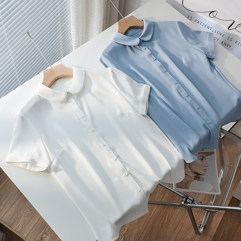 Summer Interview Top Age-reducing Doll Collar Short-sleeved Business Wear Women's White Breathable Acetic Satin Chiffon Shirt