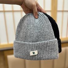 韩版秋冬季新款小R标针织帽女纯色简约休闲百搭保暖加厚冬天棉帽