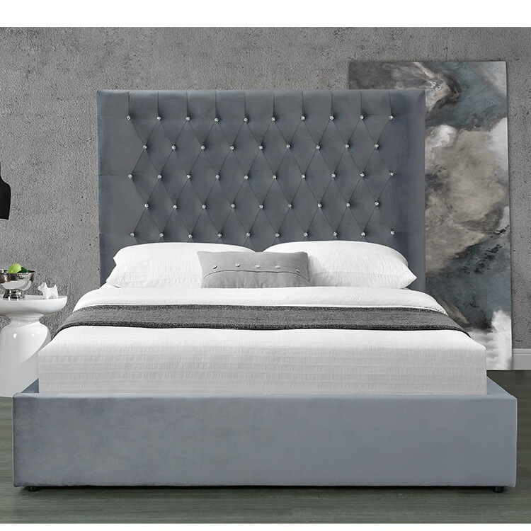 Foreign trade Factory light luxury flocking fabric bed large size bedside storage ottoman bed king