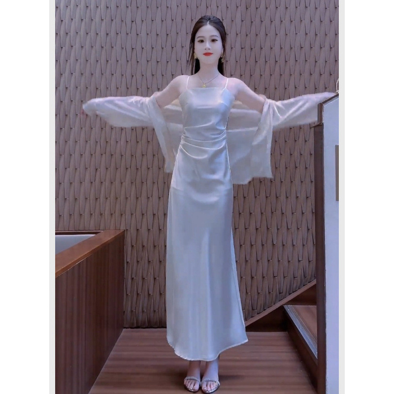 2025巨好看的醋酸吊带连衣裙外搭罩衫高级感女夏重要场合绝美裙子|undefined