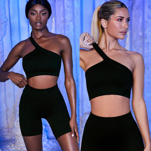  Western and European Cross-border Seamless Yoga Suit Set New Women's Single Shoulder Sports Bra and Tummy Control Shorts