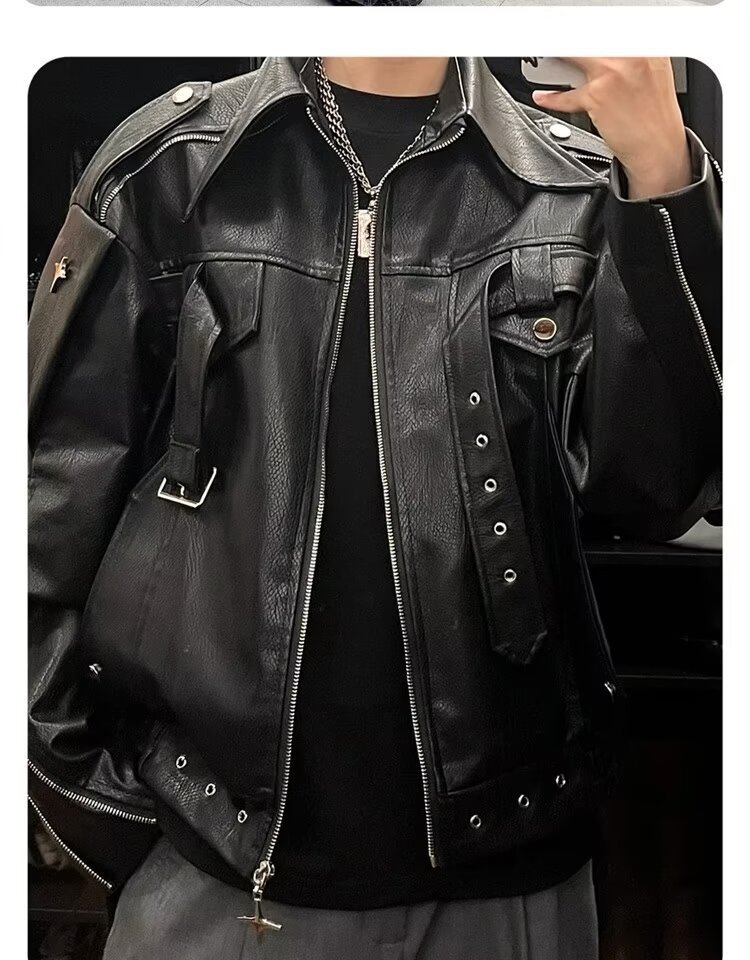 ragazzo in pelle alla moda per uomo, stile di strada europeo e americano autunnale, design di nicchia per moto J, pantaloncini di marca alla moda_voghion.com