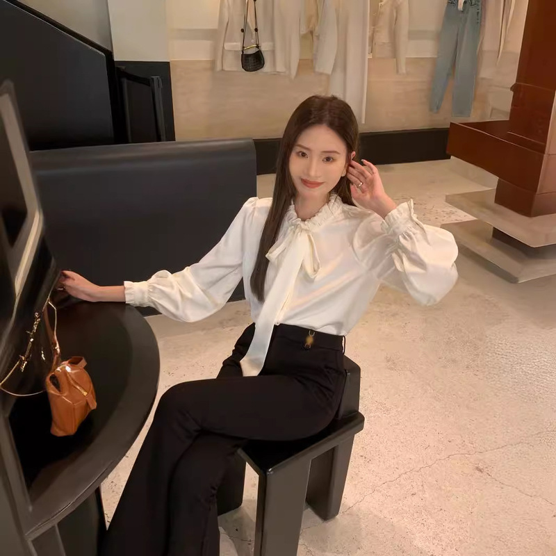 Shenzhen Nanyou Classy Original CD Home 24 New Retro Style Pleated Long Ribbon Bow Collar Design Shirt