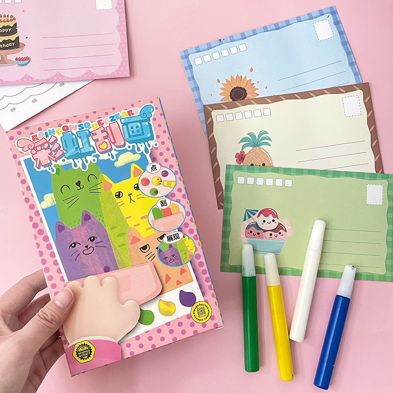 新款彩虹點彩刮刮畫兒童diy手工彩色刮畫紙小女孩玩具書籤明信片